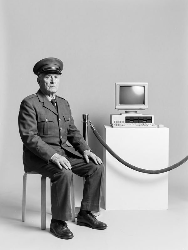 An elderly museum guard on a stool beside an old computer on a plinth behind a velvet rope. A black-and-white picture in a 1960s studio style.